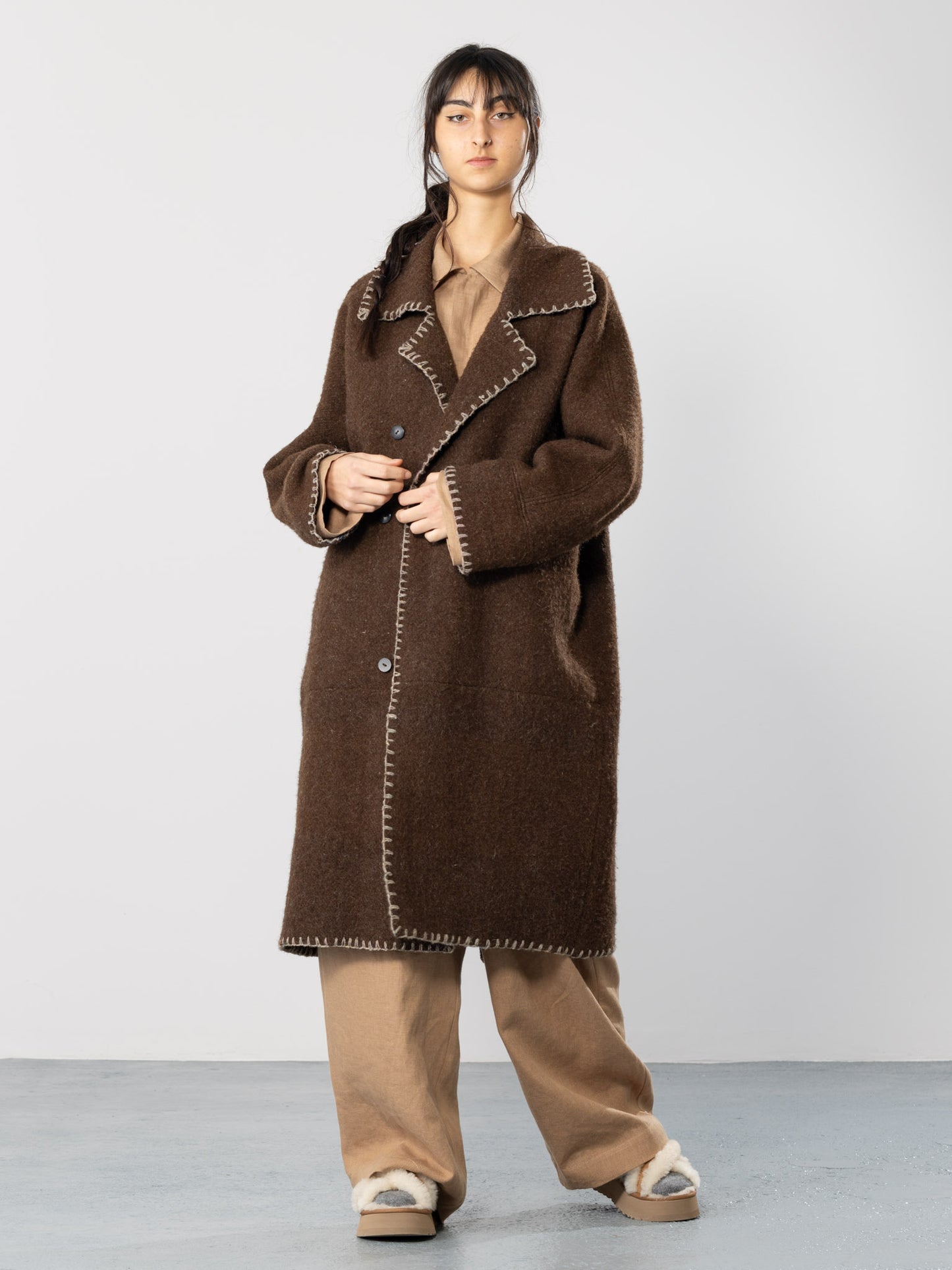 Look 5 (Merino Wool Double Breasted Coat + Tailored Elastic Trousers + Long Sleeve Plain Shirt)